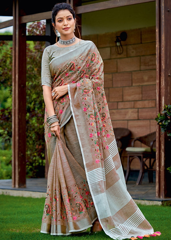 Dusty Beige Kashmiri Work Linen Saree for Festival