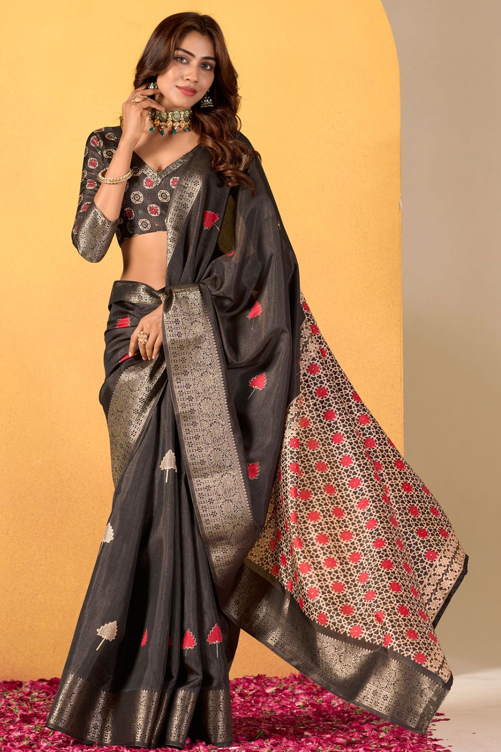 Dusty Black Dola Silk Saree for Festival