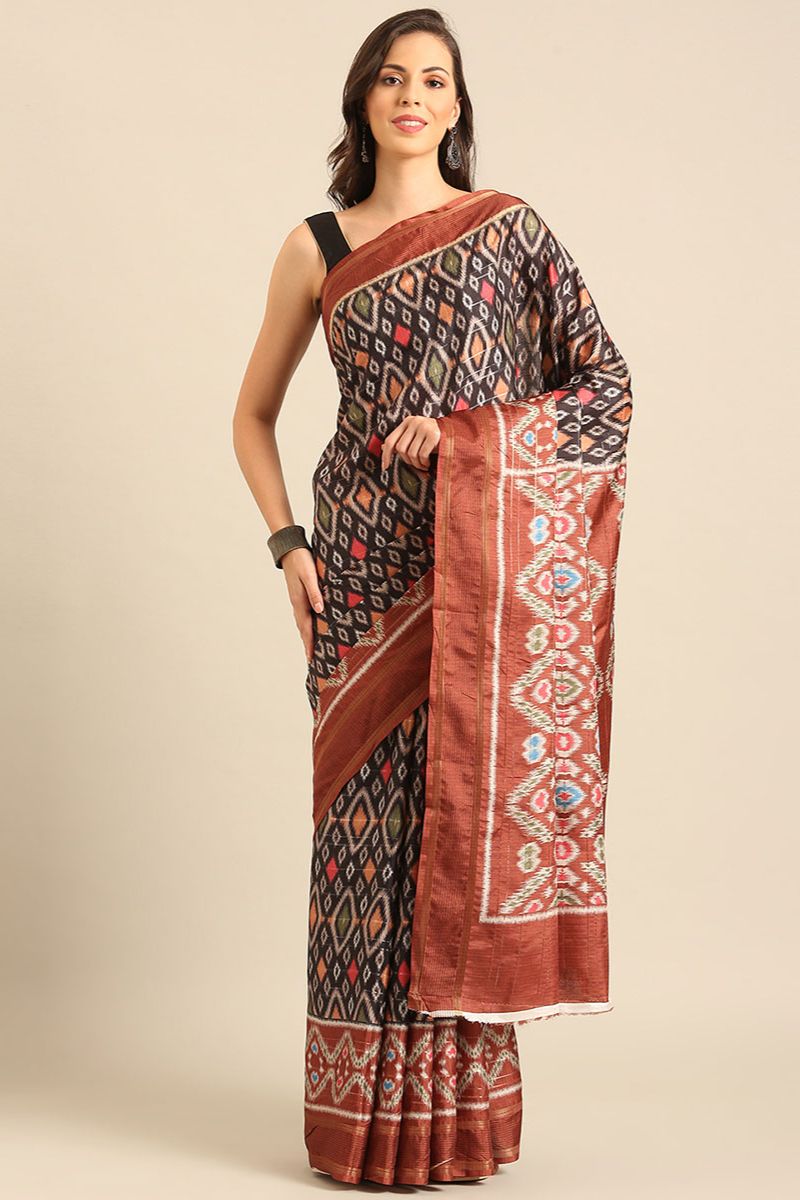 Dusty Black Patola Print Cotton Saree