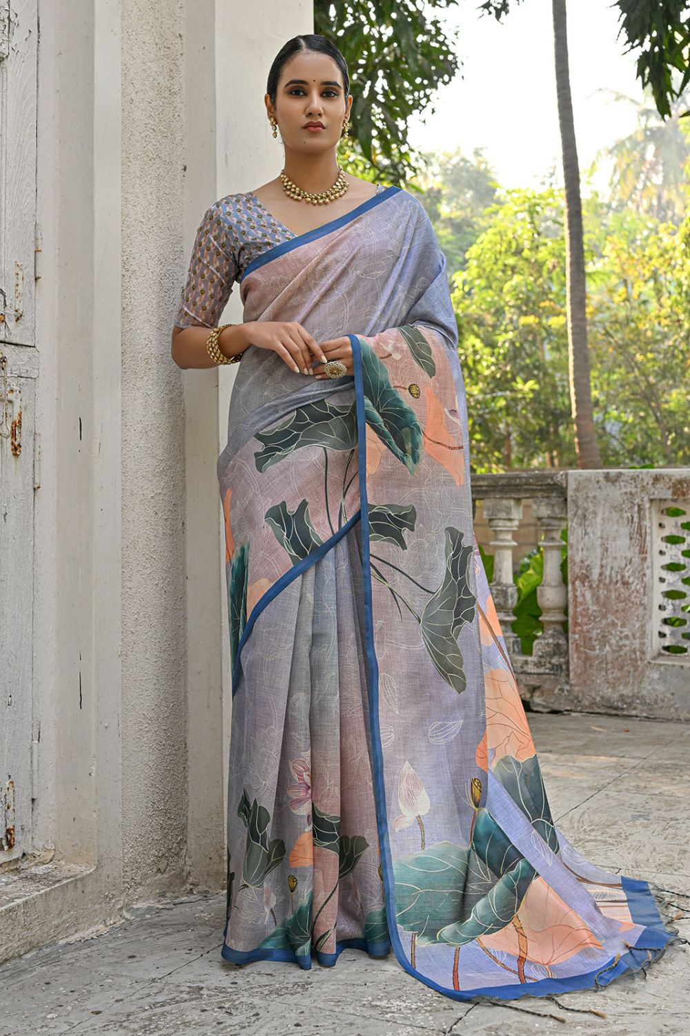 Dusty Blue Cotton Silk Floral Printed Saree for Festival