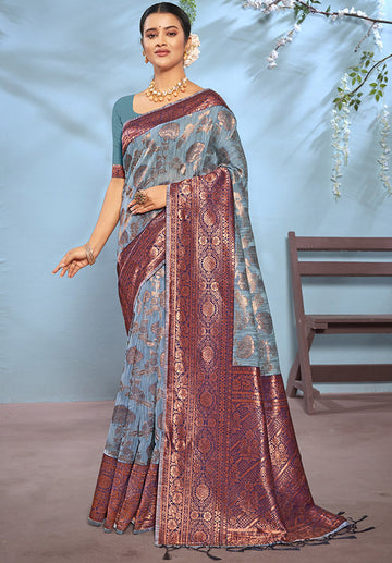 Dusty Blue Weaving Work Cotton Saree