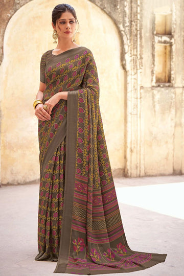 Dusty Brown Printed Crepe Satin Saree for Festival