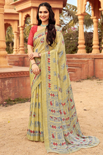 Dusty Cream Digital Printed Chiffon Casual Wear Saree