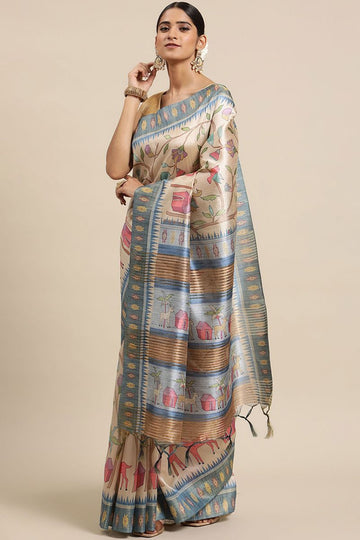 Dusty Cream Tussar Silk Saree with Kalamkari Print