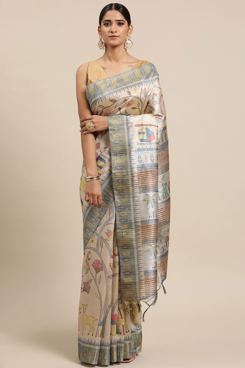 Dusty Cream Tussar Silk Saree with Kalamkari Print