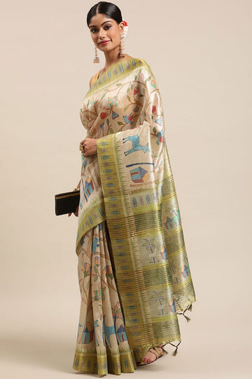 Dusty Cream Tussar Silk Saree with Kalamkari Print