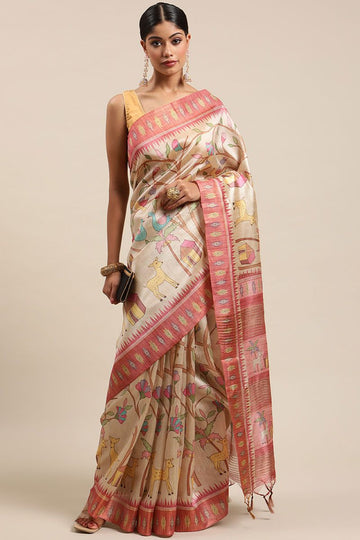 Dusty Cream Tussar Silk Saree with Kalamkari Print