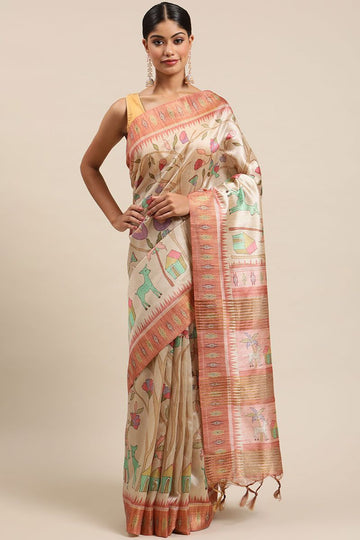 Dusty Cream Tussar Silk Saree with Kalamkari Print