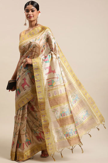 Dusty Cream Tussar Silk Saree with Kalamkari Print