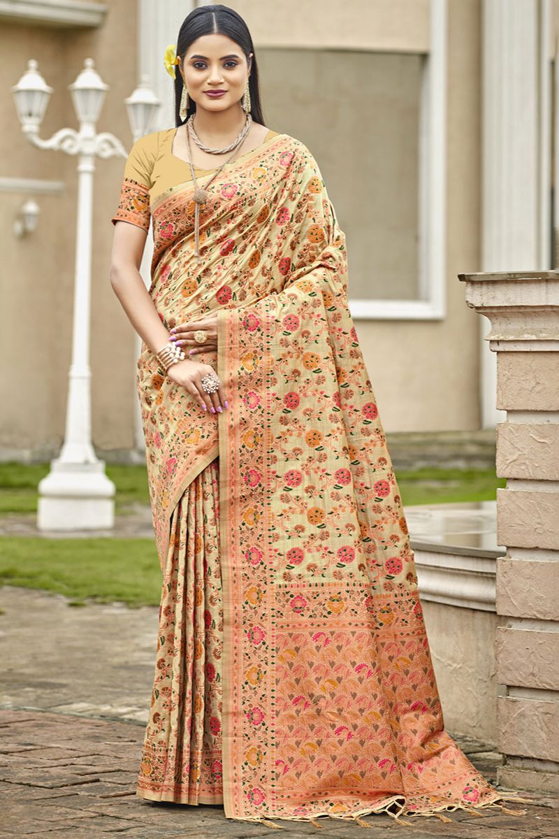 Dusty Cream Woven Silk Saree for Ceremonial