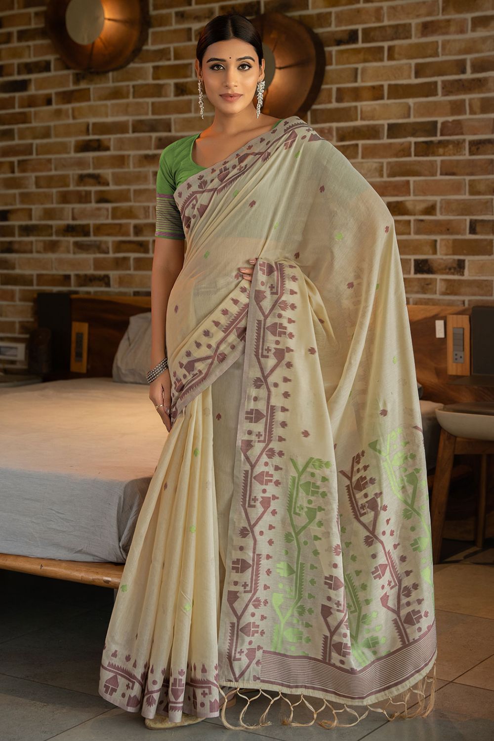 Dusty Cream Woven Soft Cotton Saree for Party