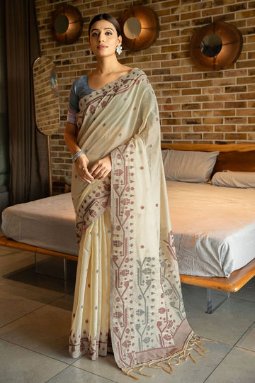 Dusty Cream Woven Soft Cotton Saree for Party