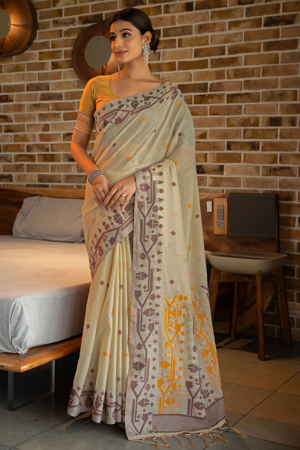 Dusty Cream Woven Soft Cotton Saree for Party