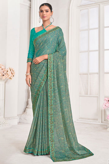 Dusty Green Chiffon Printed Party Wear Saree