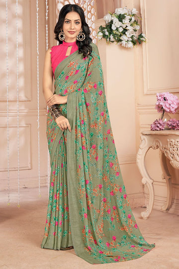 Dusty Green Chiffon Printed Casual Wear Saree