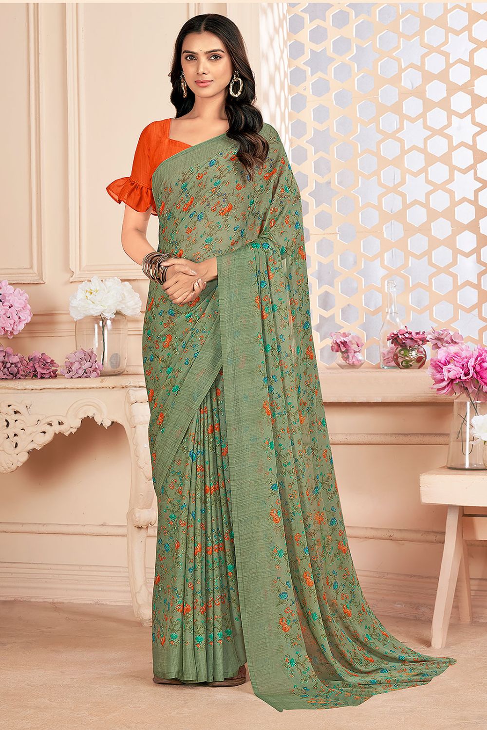 Dusty Green Chiffon Printed Casual Wear Saree