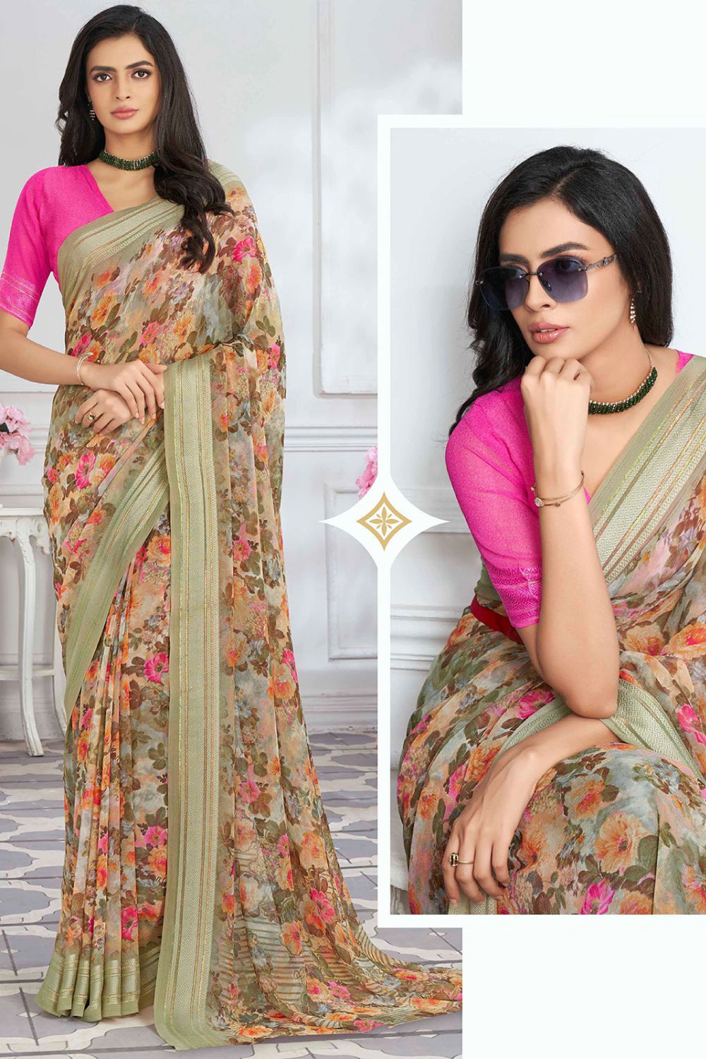 Dusty Green Georgette Saree with Digital Print