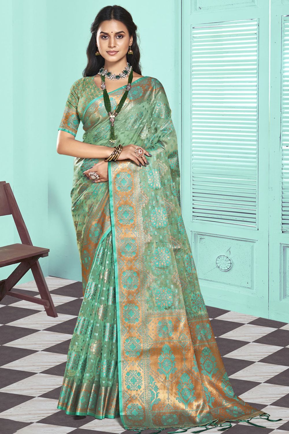 Dusty Green Organza Party Wear Saree