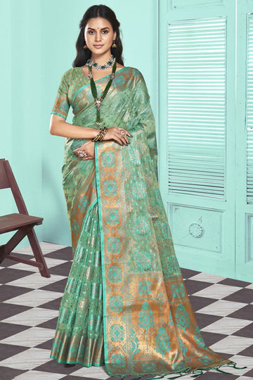 Dusty Green Woven Partywear Organza Saree