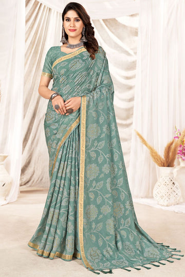 Dusty Green Foil Printed Party Wear Saree