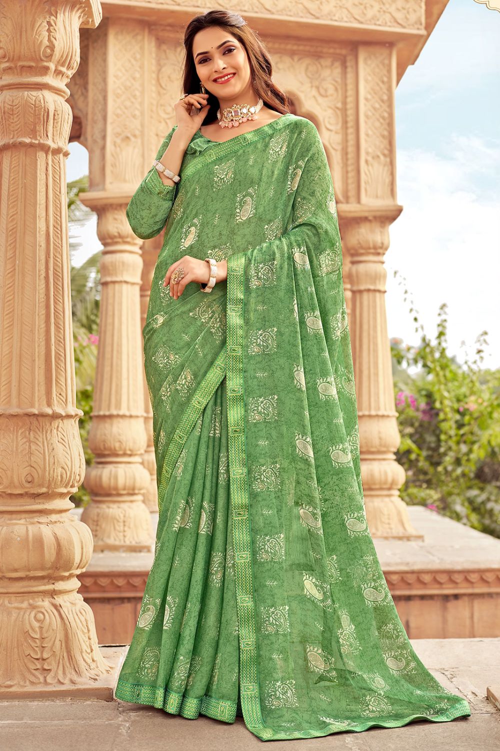 Dusty Green Printed Casual Wear Saree