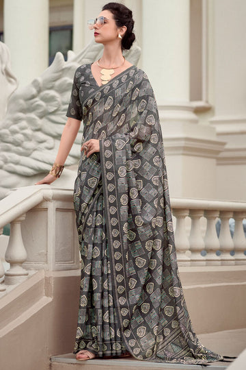 Dusty Grey Pure Mal Mal Silk Printed Saree