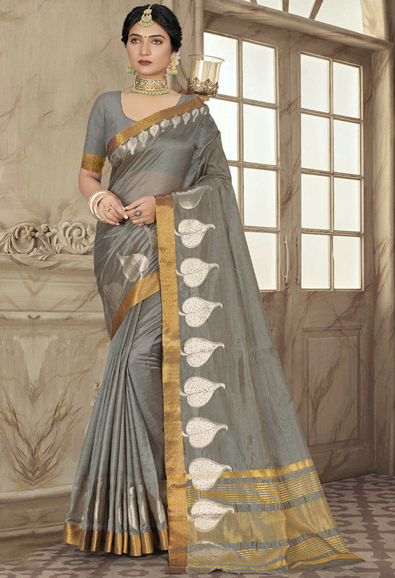 Dusty Grey Embellished Cotton Saree for Festival