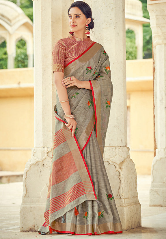 Dusty Grey Embellished Linen Party Wear Saree