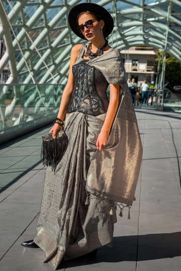 Dusty Grey Handloom Weaving Katan Silk Saree for Festival