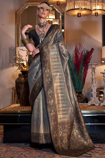 Dusty Grey Handwoven Zari Tissue Silk Saree