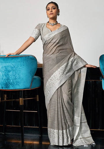 Dusty Grey Linen Printed Saree