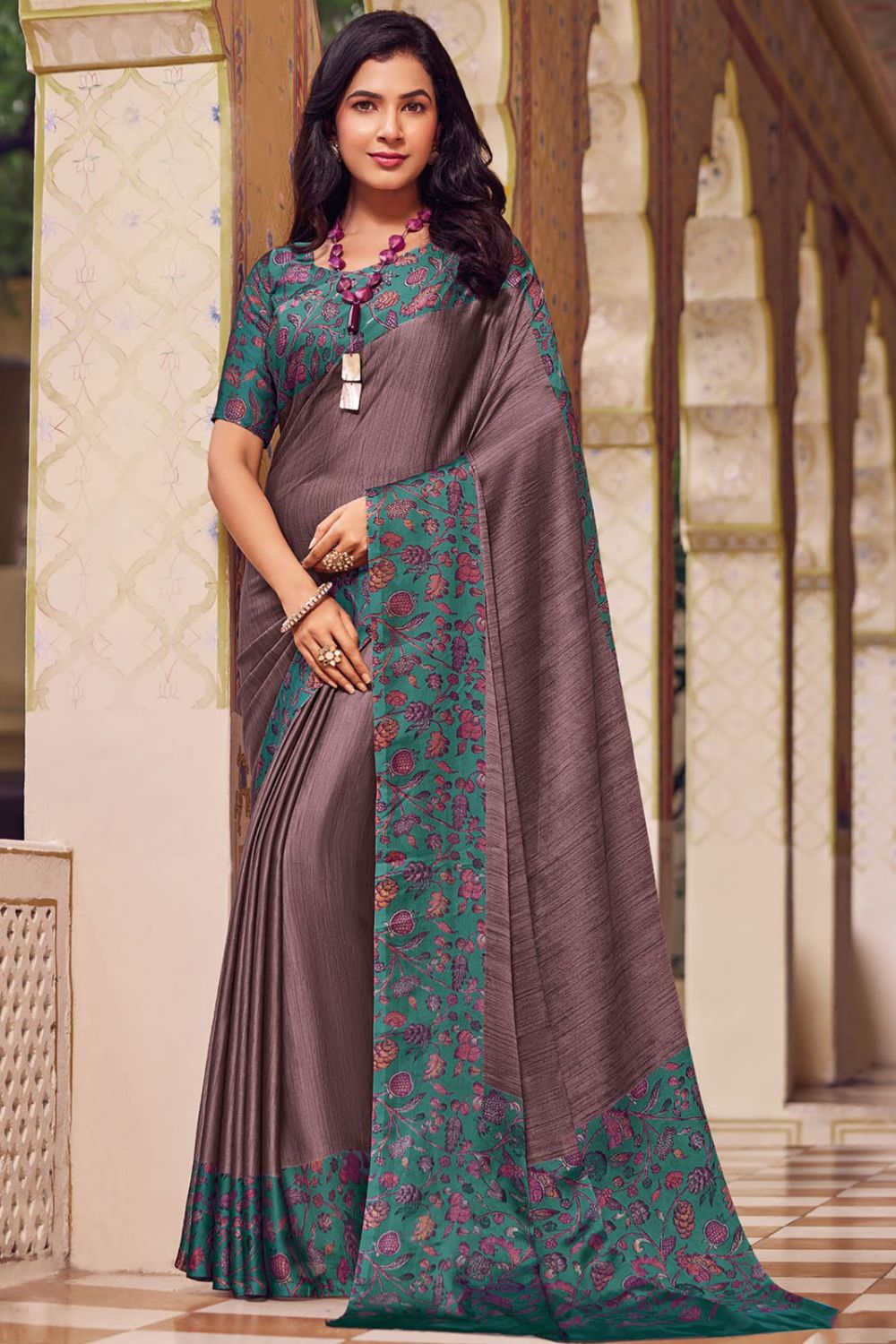 Dusty Grey Printed Chiffon Saree