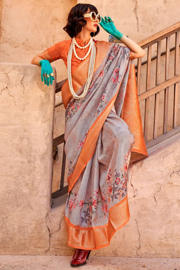 Dusty Grey Handlooom Georgette Saree for Ceremonial