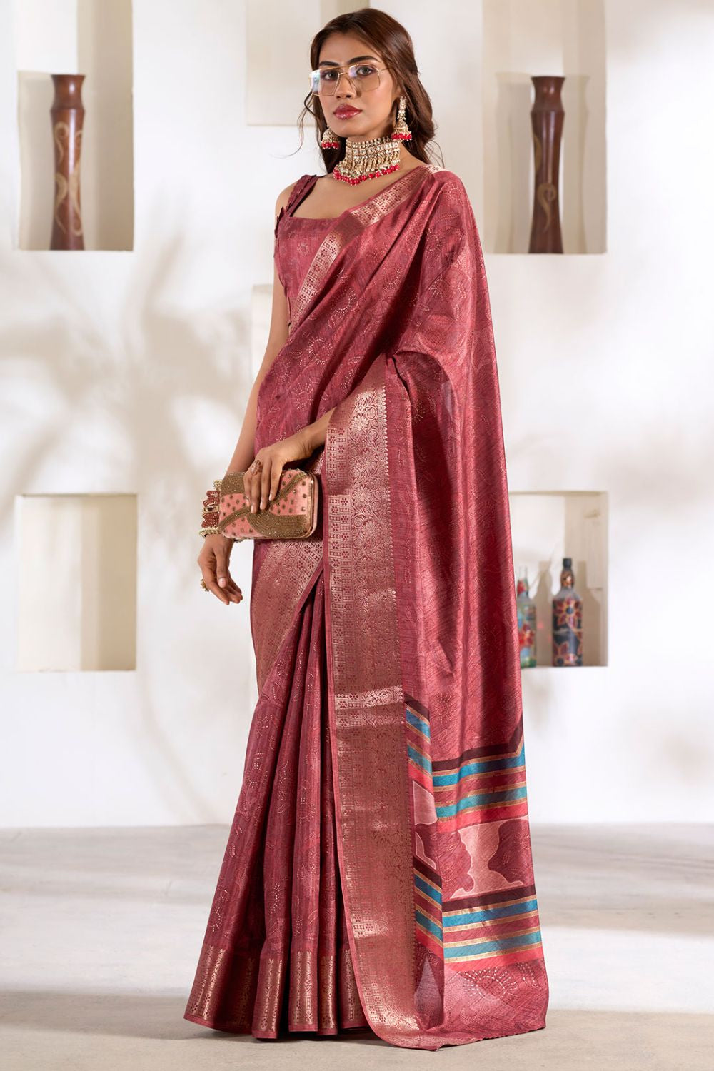 Dusty Maroon Dola Silk Saree for Festival