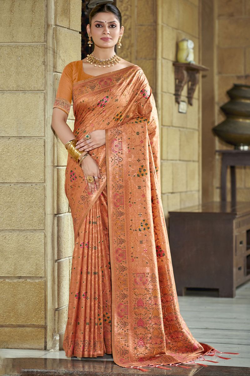 Dusty Peach Woven Silk Saree for Wedding