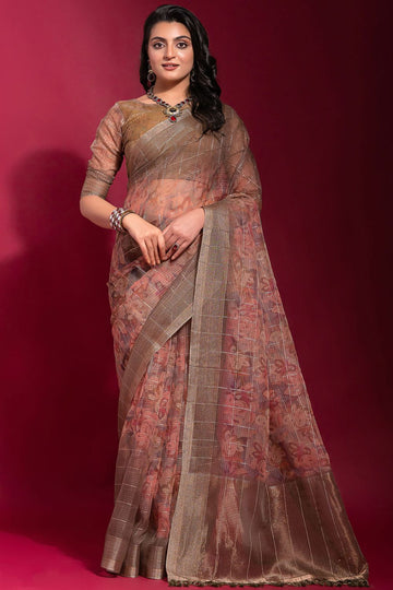 Dusty Peach Zari Checks Linen Silk Party Wear Saree