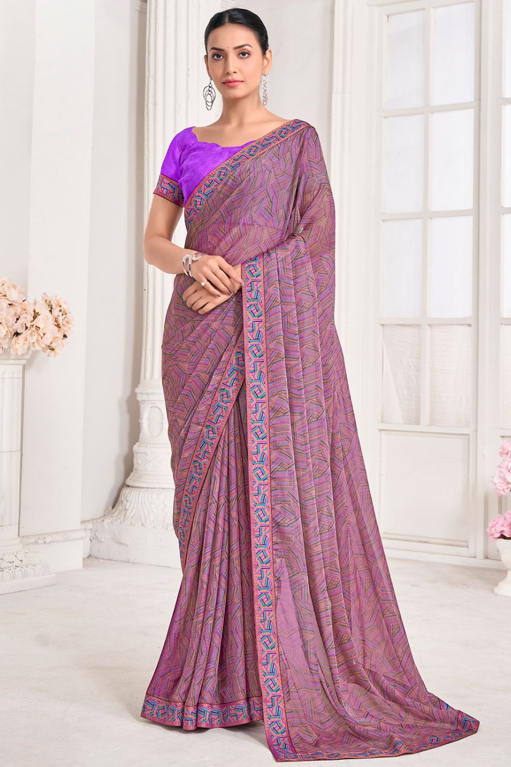 Dusty Pink Chiffon Printed Party Wear Saree