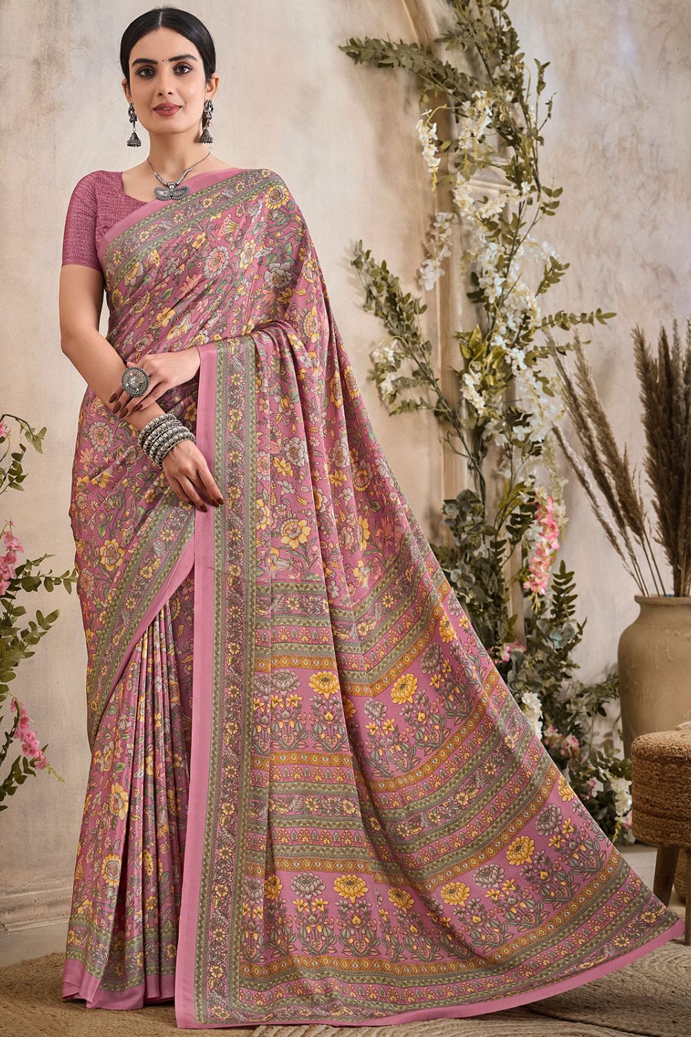 Dusty Pink Digital Print Silk Crepe Saree for Party