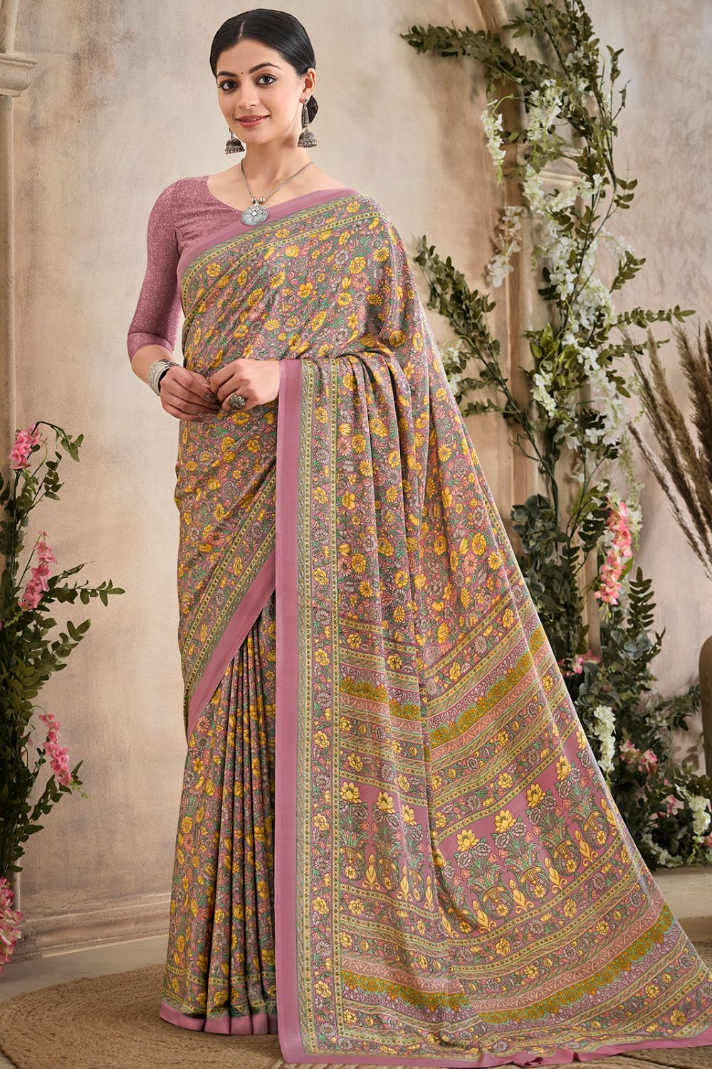 Dusty Pink Digital Print Silk Crepe Saree for Party