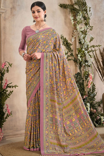 Dusty Pink Digital Print Silk Crepe Saree for Party