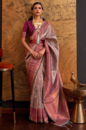 Dusty Pink Handloom Zari Woven Saree for Festival