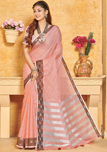 Dusty Pink Linen Weaving Work Saree