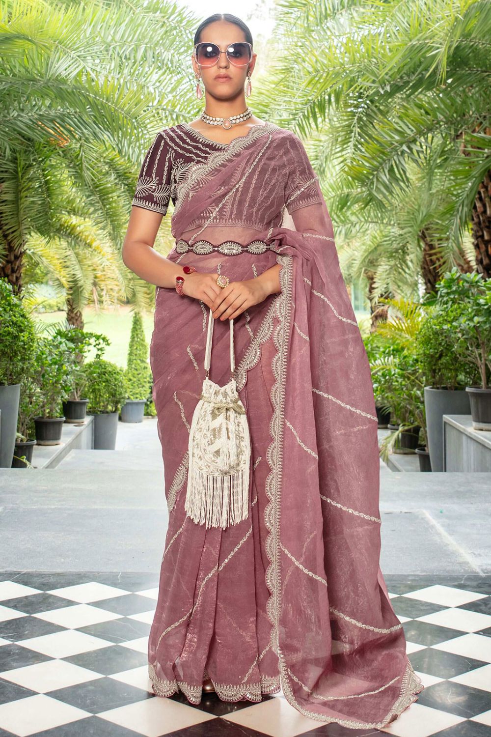 Dusty Pink Organza Saree with Embroidered Blouse for Party