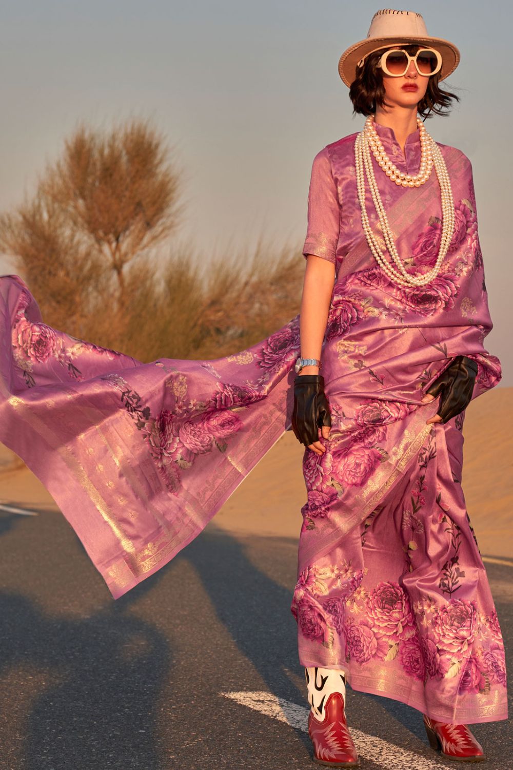 Dusty Pink Printed Tussar Silk Party Wear Saree