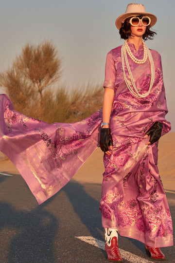 Dusty Pink Printed Tussar Silk Party Wear Saree