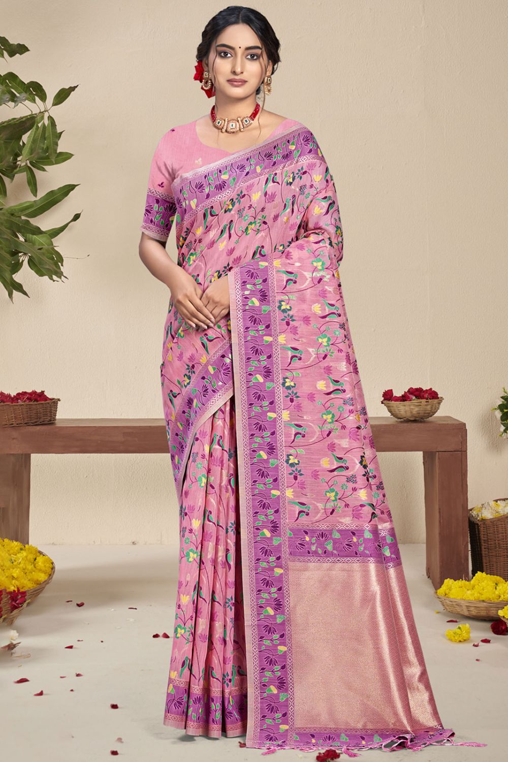 Dusty Pink Silk Woven Saree