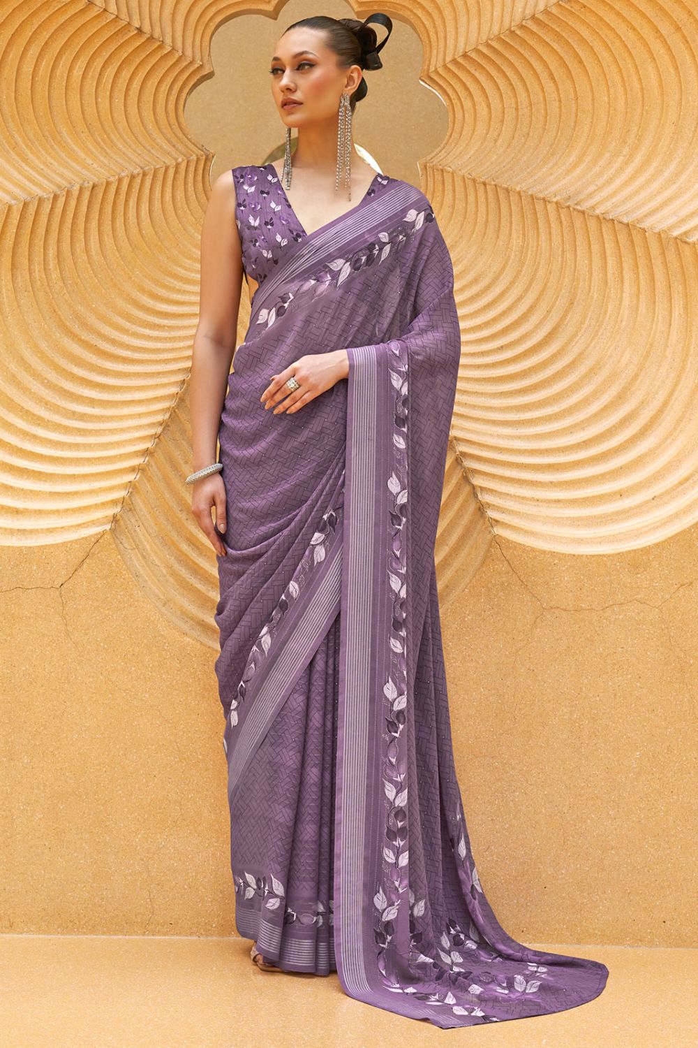 Dusty Purple Georgette Printed Saree