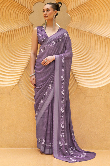 Dusty Purple Georgette Printed Saree