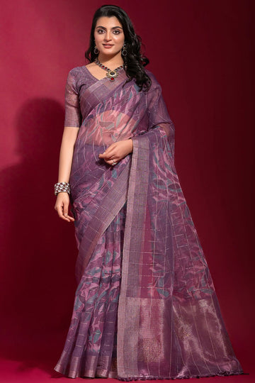 Dusty Purple Zari Checks Linen Silk Party Wear Saree