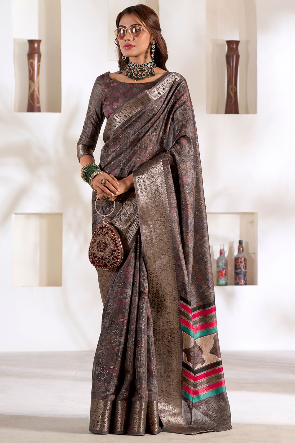 Dusty Slate Grey Dola Silk Saree for Festival